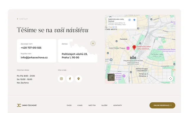 Блок контактів «Těšíme se na vaši návštěvu» з картою Праги