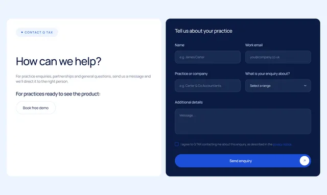 Сторінка контактів із формою «Tell us about your practice»