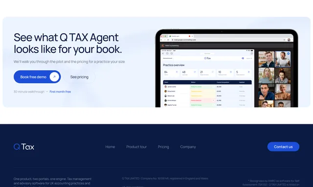 Заклик записатися на демо й підвал сайту Q TAX