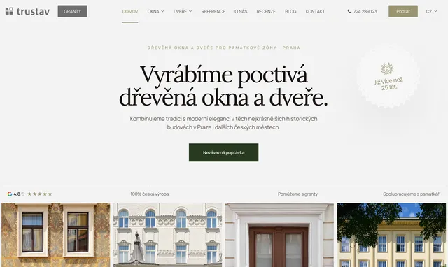 Перший екран сайту Trustav: «Vyrábíme poctivá dřevěná okna a dveře»