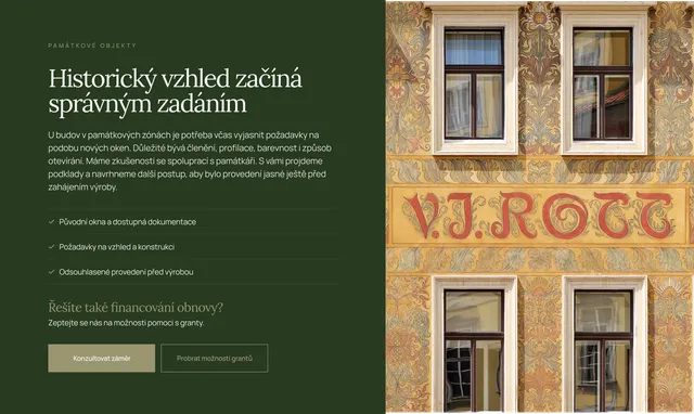 Блок «Historický vzhled začíná správným zadáním» на зеленому фоні