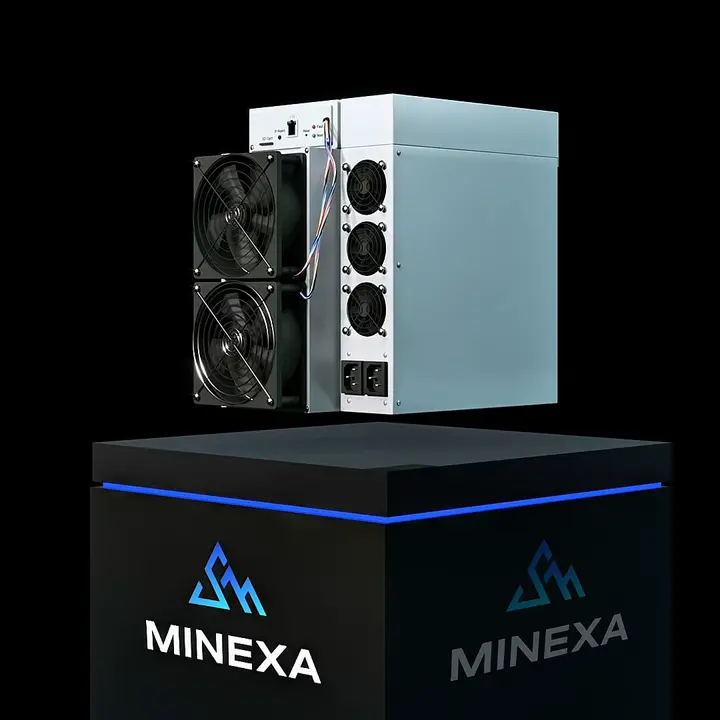 ASIC-майнер на подіумі з логотипом MINEXA